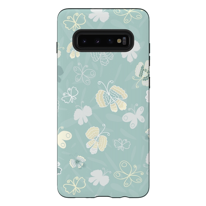 Galaxy S10 plus StrongFit Pretty Yellow and White Butterflies on Teal by Paula Ohreen