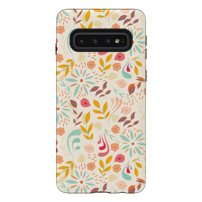 Galaxy S10 StrongFit Birds and Flowers Beige by Jelena Obradovic