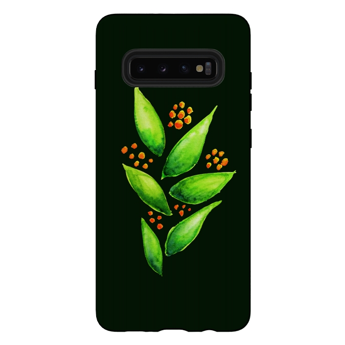 Galaxy S10 plus StrongFit Abstract watercolor green plant with orange berries by Boriana Giormova