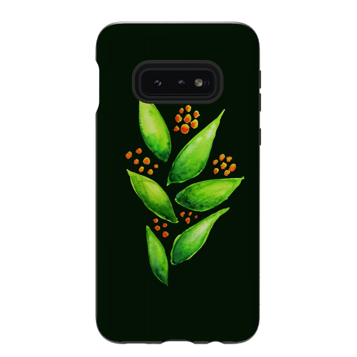 Galaxy S10e StrongFit Abstract watercolor green plant with orange berries by Boriana Giormova