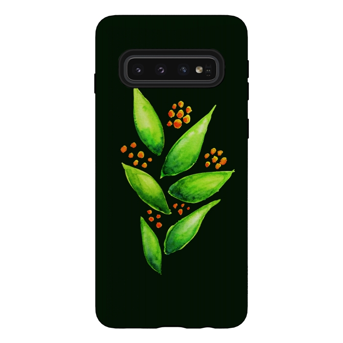 Galaxy S10 StrongFit Abstract watercolor green plant with orange berries by Boriana Giormova