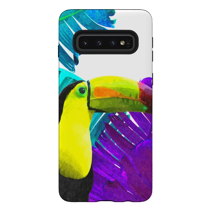 Galaxy S10 StrongFit Tropical Toucan Palm Leaves by Alemi