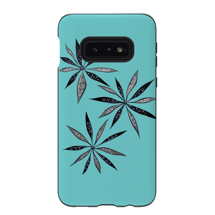 Galaxy S10e StrongFit Elegant Thin Flowers With Dots And Swirls On Blue by Boriana Giormova