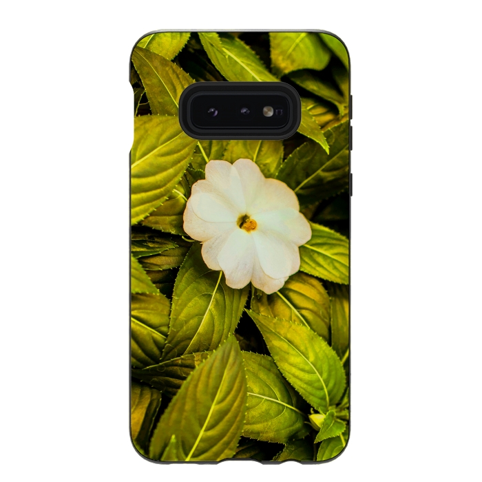 Galaxy S10e StrongFit Leaves and White Flower by Bledi