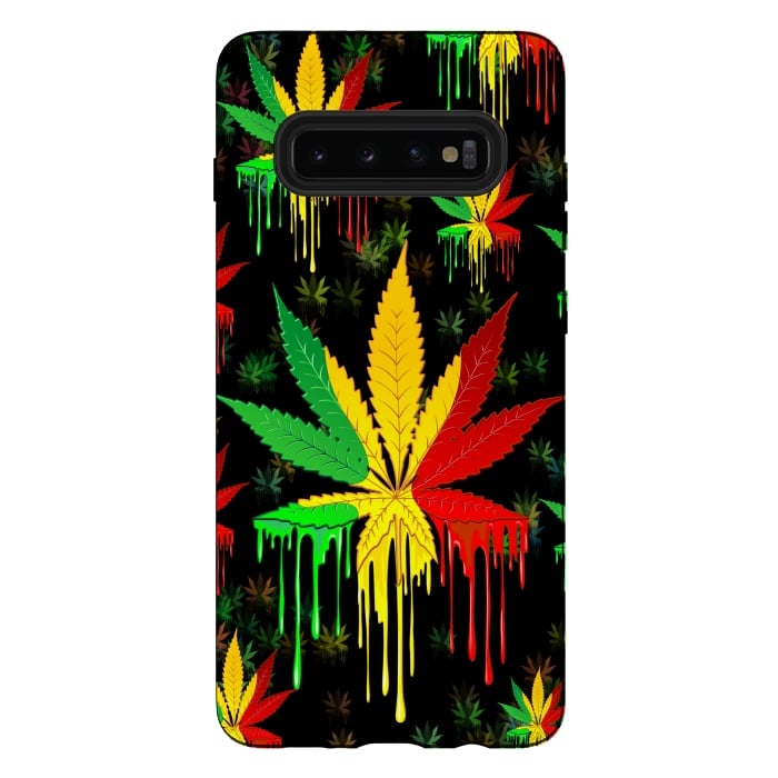 Galaxy S10 plus StrongFit Marijuana Leaf Rasta Colors Dripping Paint by BluedarkArt