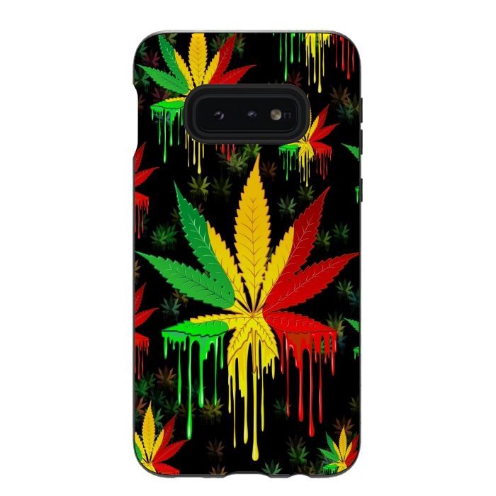 Galaxy S10e StrongFit Marijuana Leaf Rasta Colors Dripping Paint by BluedarkArt