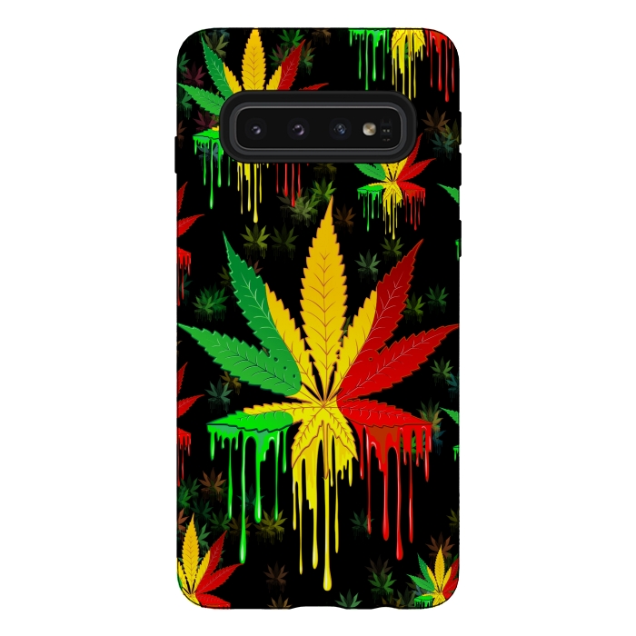 Galaxy S10 StrongFit Marijuana Leaf Rasta Colors Dripping Paint by BluedarkArt