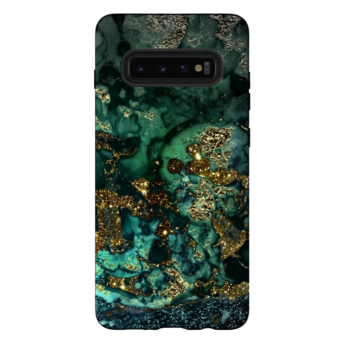Galaxy S10 plus StrongFit Indigo Green and Gold Glitter Ink Marble by  Utart
