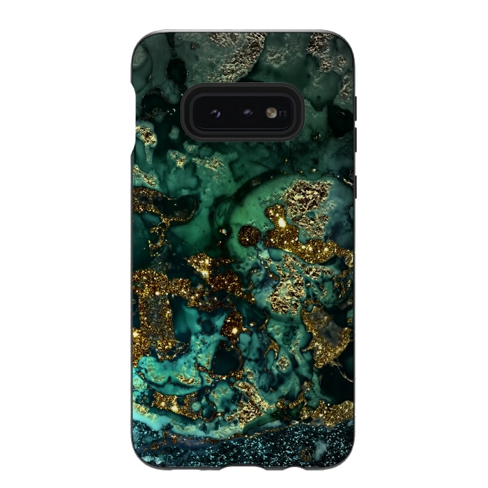 Galaxy S10e StrongFit Indigo Green and Gold Glitter Ink Marble by  Utart