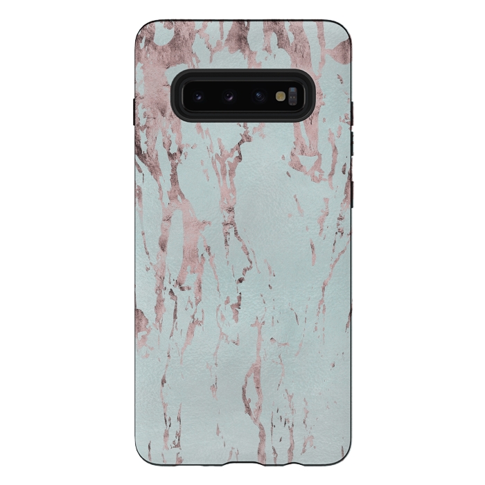 Galaxy S10 plus StrongFit Rose Gold Marble Fragments On Teal 2 by Andrea Haase
