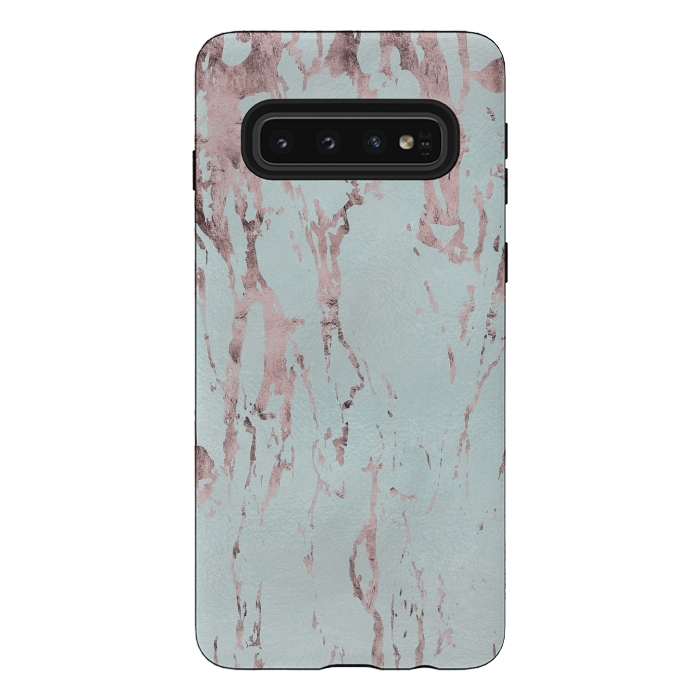 Galaxy S10 StrongFit Rose Gold Marble Fragments On Teal 2 by Andrea Haase