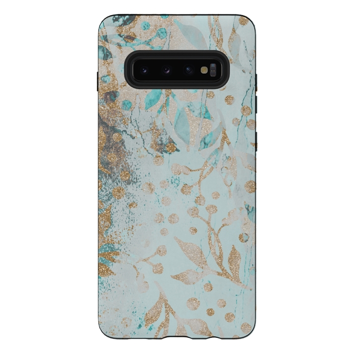 Galaxy S10 plus StrongFit  Botanical  Pattern Teal And Gold by Andrea Haase
