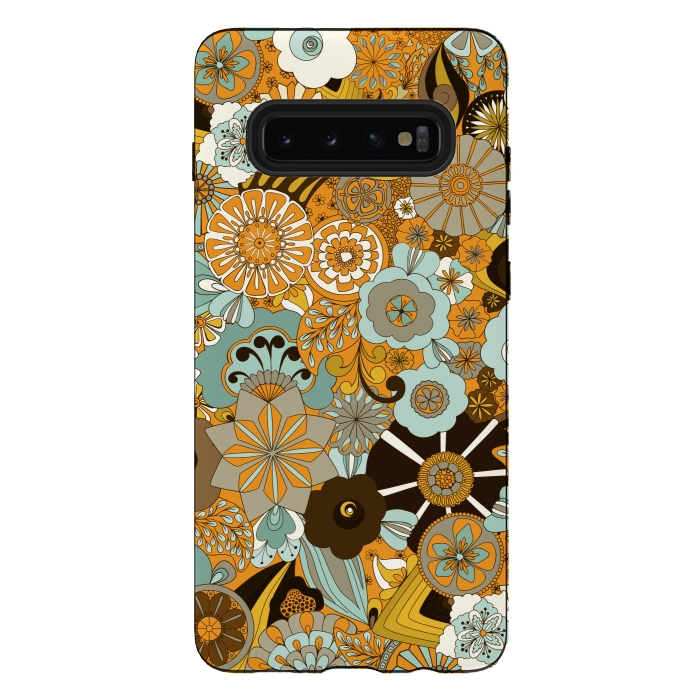 Galaxy S10 plus StrongFit Flowers, Flowers Everywhere Mustard and Blue by Paula Ohreen