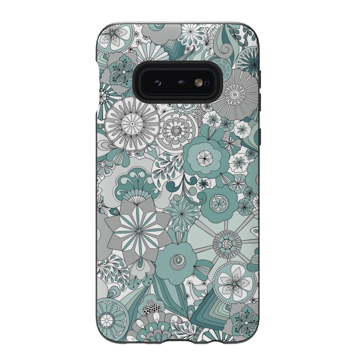 Galaxy S10e StrongFit Flowers, Flowers Everywhere Teal and Gray by Paula Ohreen