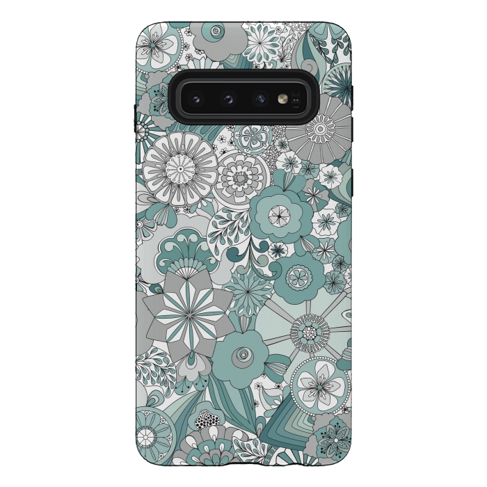 Galaxy S10 StrongFit Flowers, Flowers Everywhere Teal and Gray by Paula Ohreen