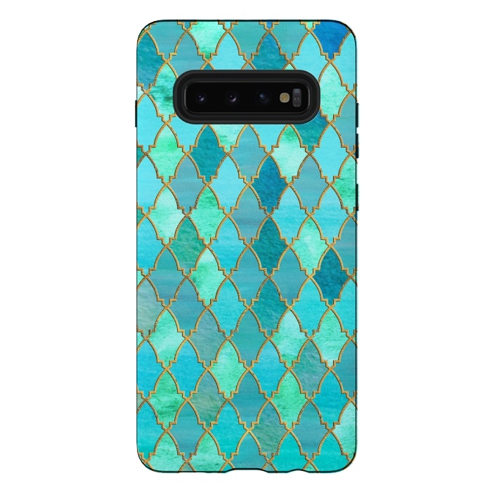Galaxy S10 plus StrongFit Teal Moroccan Shapes Pattern  by  Utart