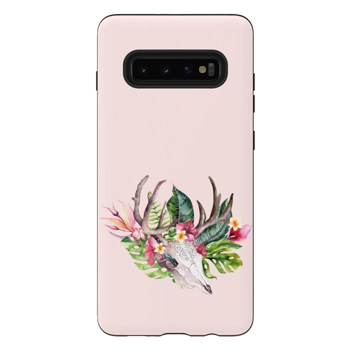 Galaxy S10 plus StrongFit BOHO  Skull with tropical flowers and foliage by  Utart