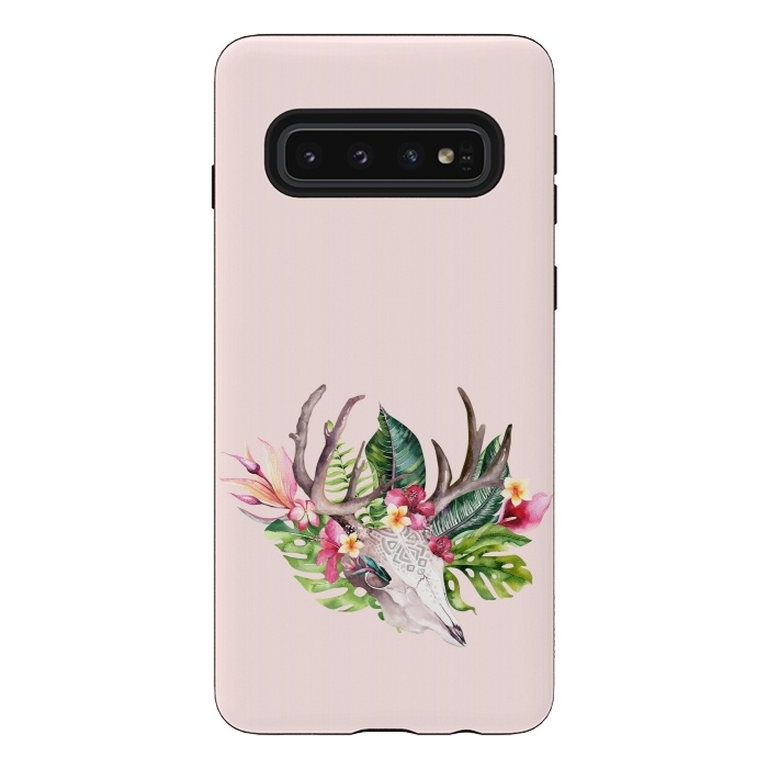 Galaxy S10 StrongFit BOHO  Skull with tropical flowers and foliage by  Utart