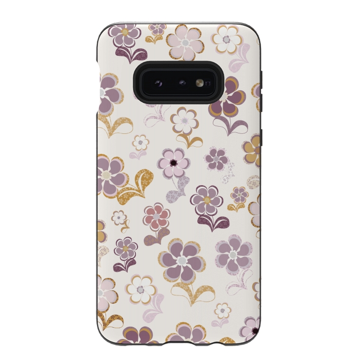 Galaxy S10e StrongFit 60s Flowers in Purple and Mustard by Paula Ohreen