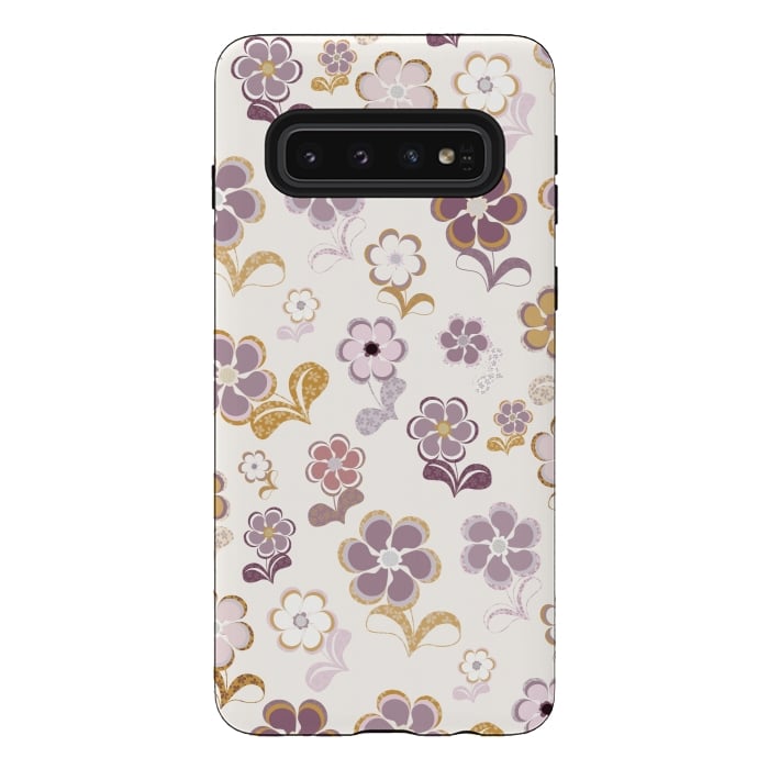 Galaxy S10 StrongFit 60s Flowers in Purple and Mustard by Paula Ohreen
