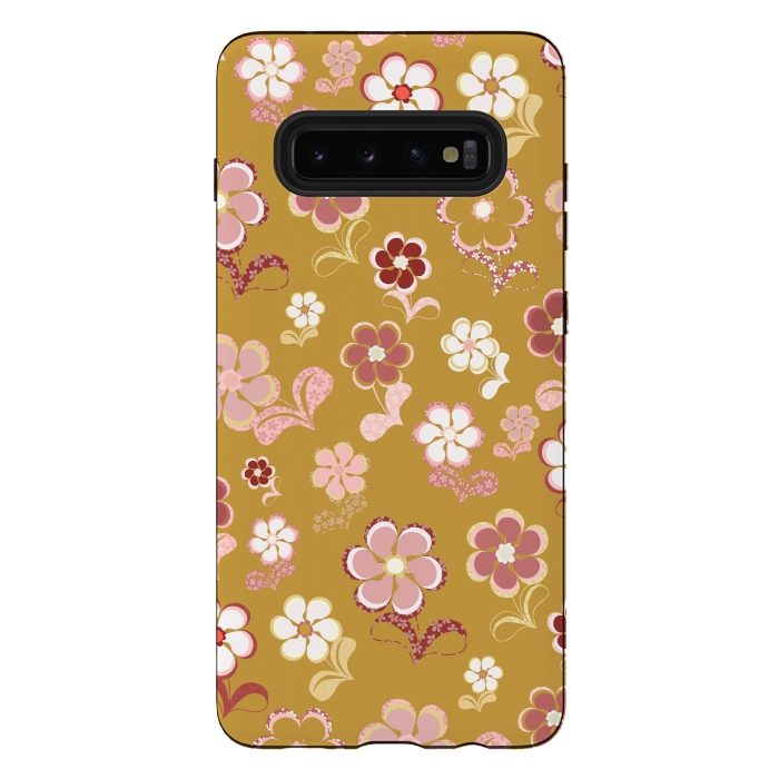 Galaxy S10 plus StrongFit 60s Flowers in Mustard and Pink by Paula Ohreen