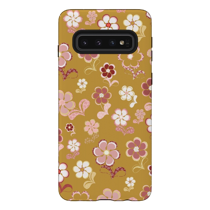 Galaxy S10 StrongFit 60s Flowers in Mustard and Pink by Paula Ohreen