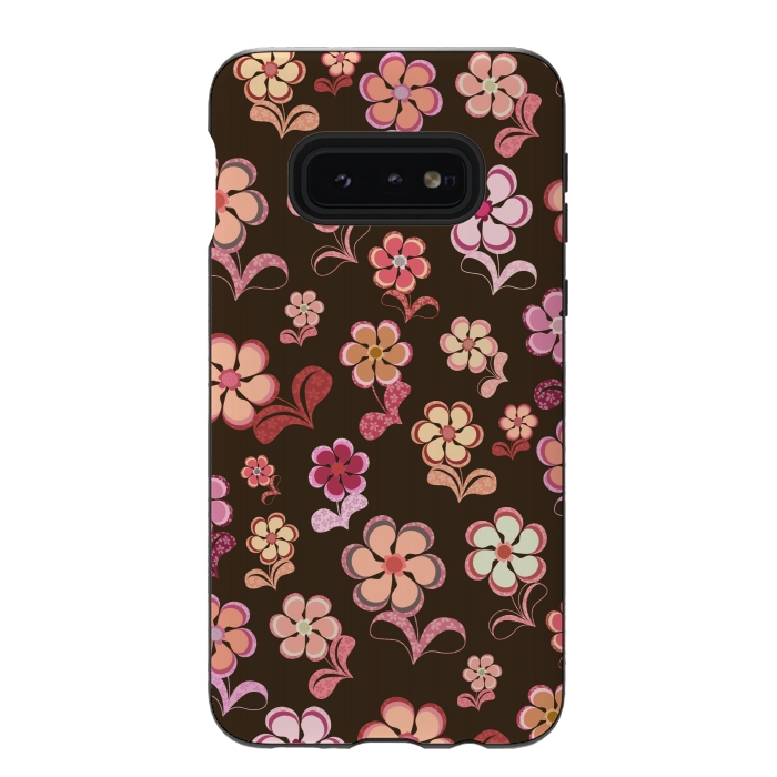 Galaxy S10e StrongFit 60s Flowers on Chocolate Brown by Paula Ohreen