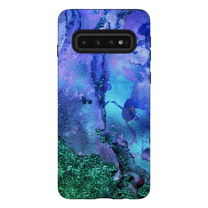 Galaxy S10 StrongFit Blue and Green Glitter Ink Marble by  Utart