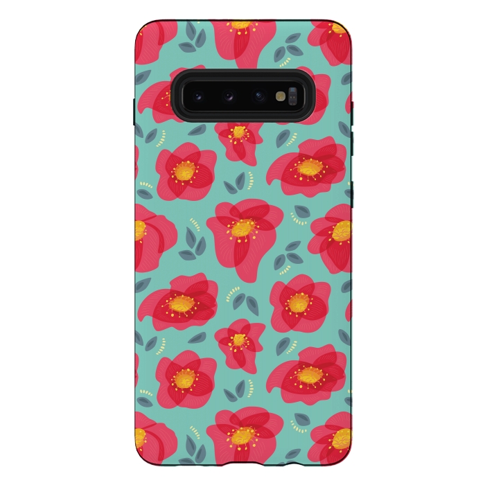 Galaxy S10 plus StrongFit Pretty Flowers With Bright Pink Petals On Blue by Boriana Giormova