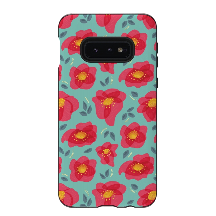 Galaxy S10e StrongFit Pretty Flowers With Bright Pink Petals On Blue by Boriana Giormova