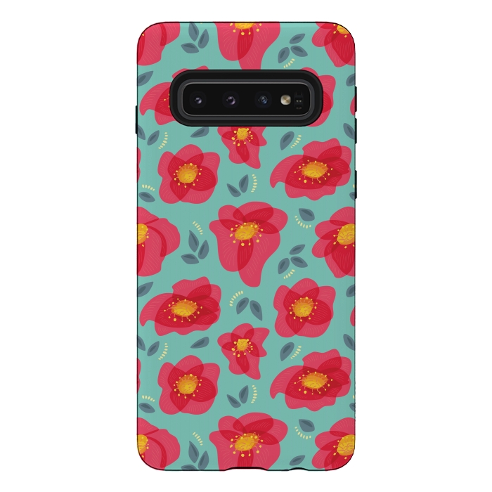 Galaxy S10 StrongFit Pretty Flowers With Bright Pink Petals On Blue by Boriana Giormova