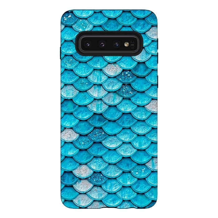 Galaxy S10 StrongFit Teal Glitter Metal Mermaid Scales by  Utart