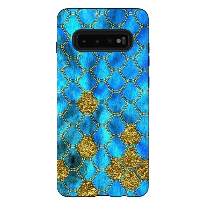 Galaxy S10 plus StrongFit Blue and Gold Glitter Metal Mermaid Scales by  Utart