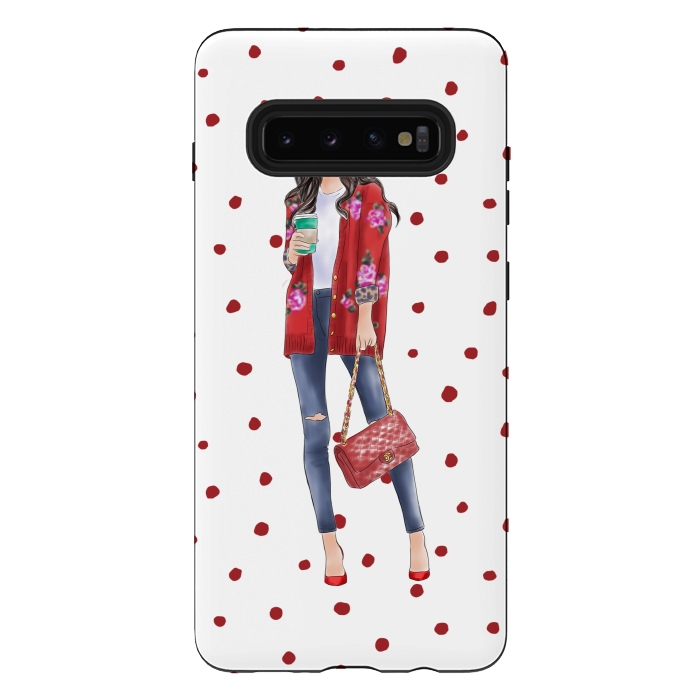 Galaxy S10 plus StrongFit Coffee City Girl with Red Polka Dots by DaDo ART
