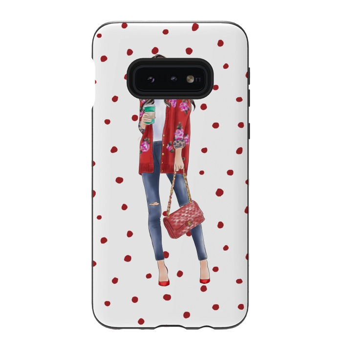 Galaxy S10e StrongFit Coffee City Girl with Red Polka Dots by DaDo ART