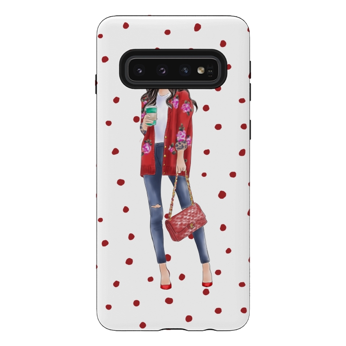 Galaxy S10 StrongFit Coffee City Girl with Red Polka Dots by DaDo ART