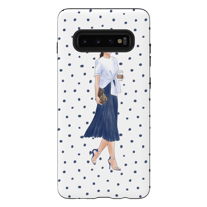 Galaxy S10 plus StrongFit Fashion Coffee Girl with Blue Polka Dots by DaDo ART