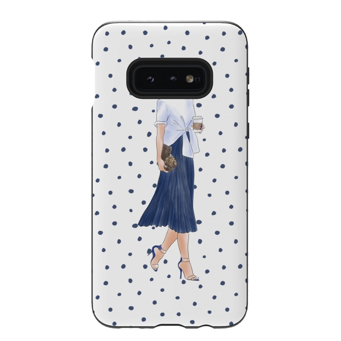 Galaxy S10e StrongFit Fashion Coffee Girl with Blue Polka Dots by DaDo ART