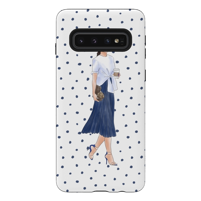 Galaxy S10 StrongFit Fashion Coffee Girl with Blue Polka Dots by DaDo ART