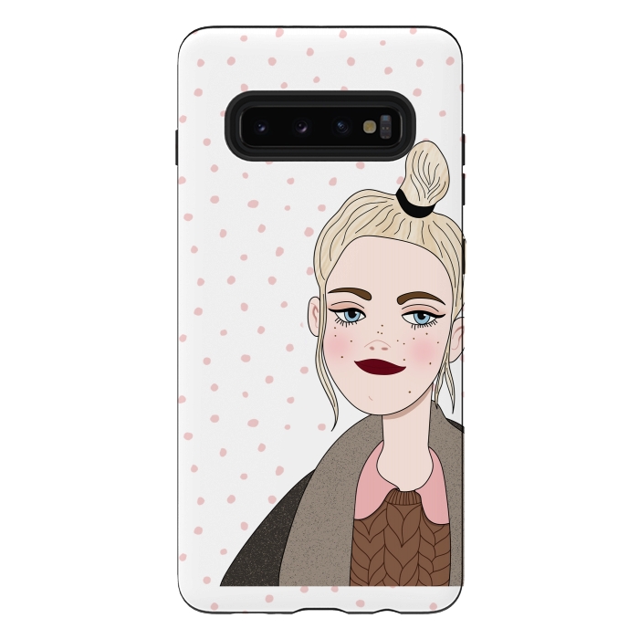 Galaxy S10 plus StrongFit Long Hair Fashion Girl with Pink Polka Dots by DaDo ART