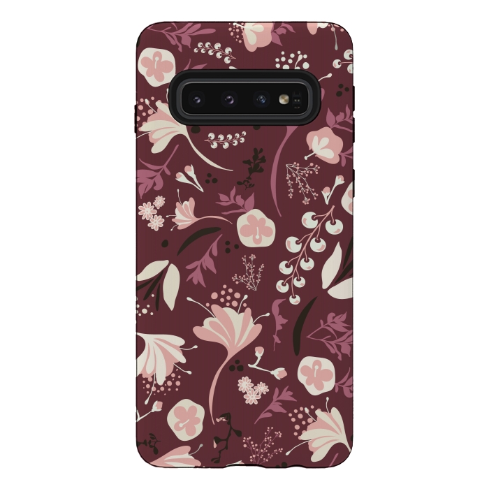 Galaxy S10 StrongFit Beautiful Blooms on Burgundy by Paula Ohreen