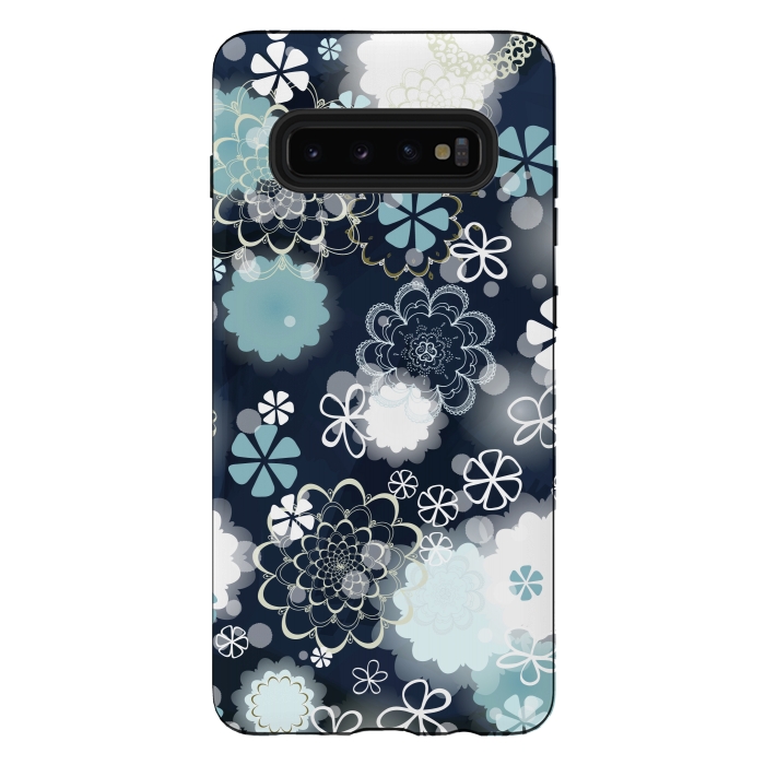 Galaxy S10 plus StrongFit Lacy Flowers on Dark Blue by Paula Ohreen