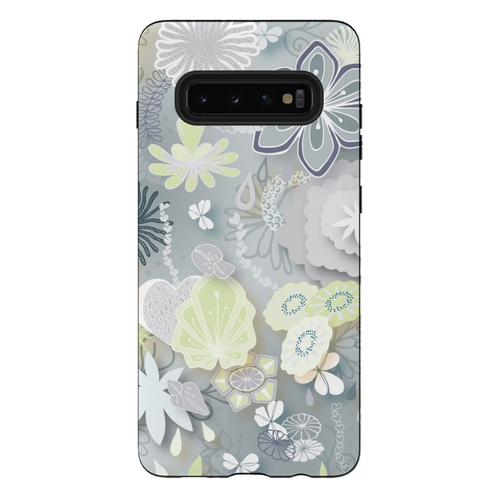 Galaxy S10 plus StrongFit Paper-Cut Florals on Grey by Paula Ohreen
