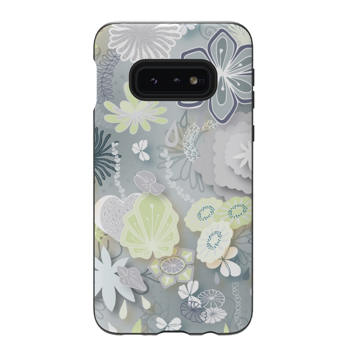 Galaxy S10e StrongFit Paper-Cut Florals on Grey by Paula Ohreen