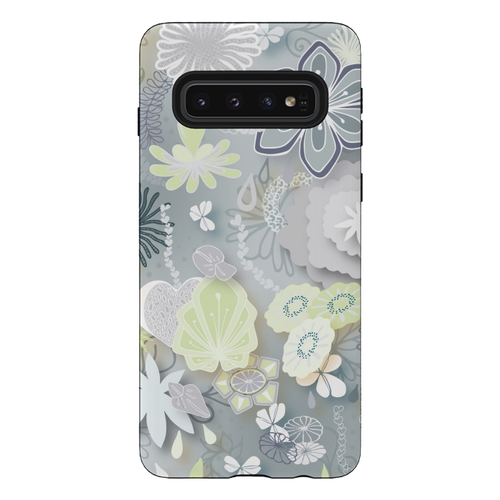 Galaxy S10 StrongFit Paper-Cut Florals on Grey by Paula Ohreen