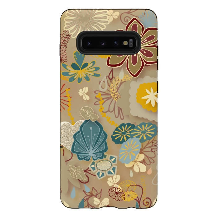 Galaxy S10 plus StrongFit Paper-Cut Florals on Gold by Paula Ohreen