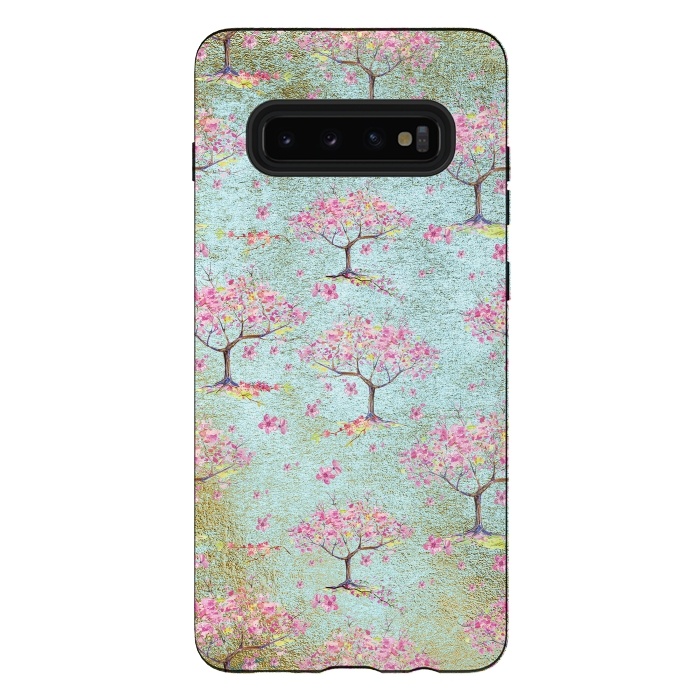 Galaxy S10 plus StrongFit Shiny Teal Spring Metal Cherry Blossom Tree Pattern by  Utart