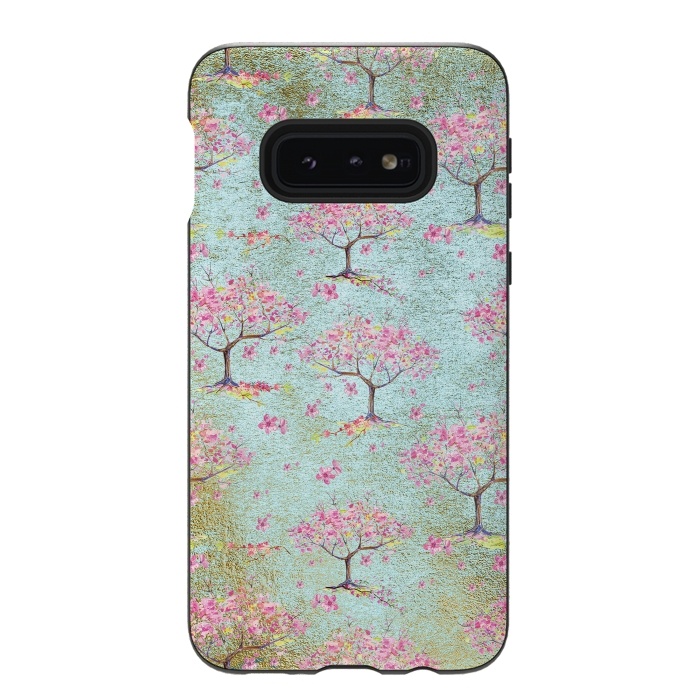 Galaxy S10e StrongFit Shiny Teal Spring Metal Cherry Blossom Tree Pattern by  Utart