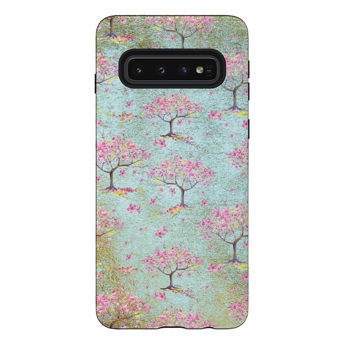 Galaxy S10 StrongFit Shiny Teal Spring Metal Cherry Blossom Tree Pattern by  Utart