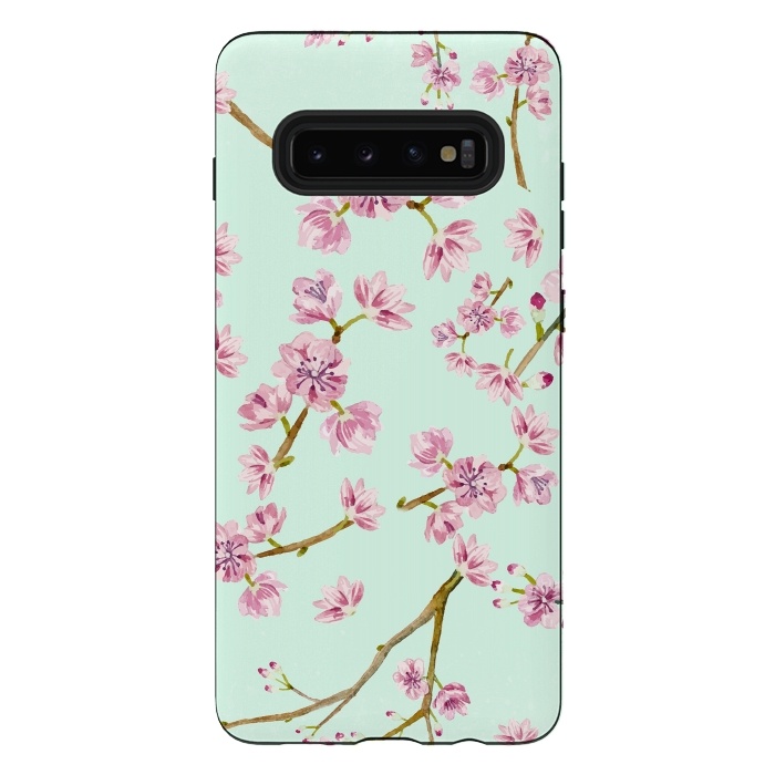 Galaxy S10 plus StrongFit Aqua Teal and Pink Cherry Blossom Branch Spring Pattern by  Utart